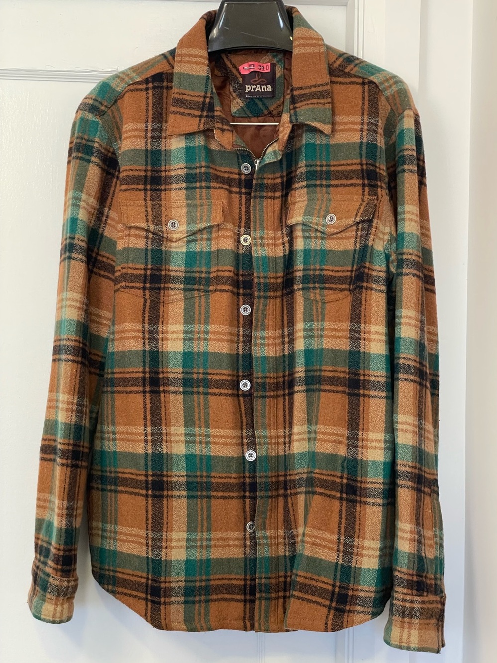 Prana Men's Plaid Button-Up Shirt-Jacket in Brown and Green